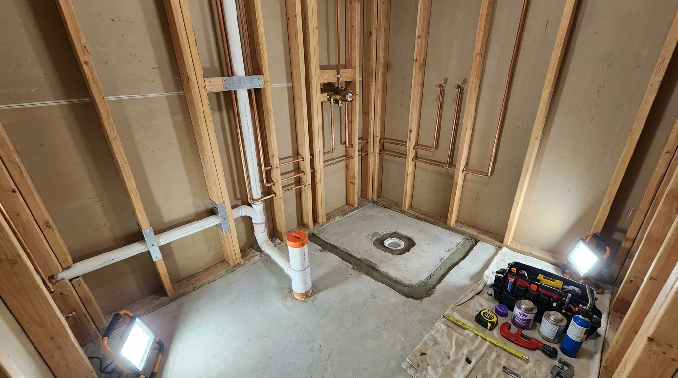 Bathroom rough-in plumbing during remodel by Johns Plumbing LLC in Cascade