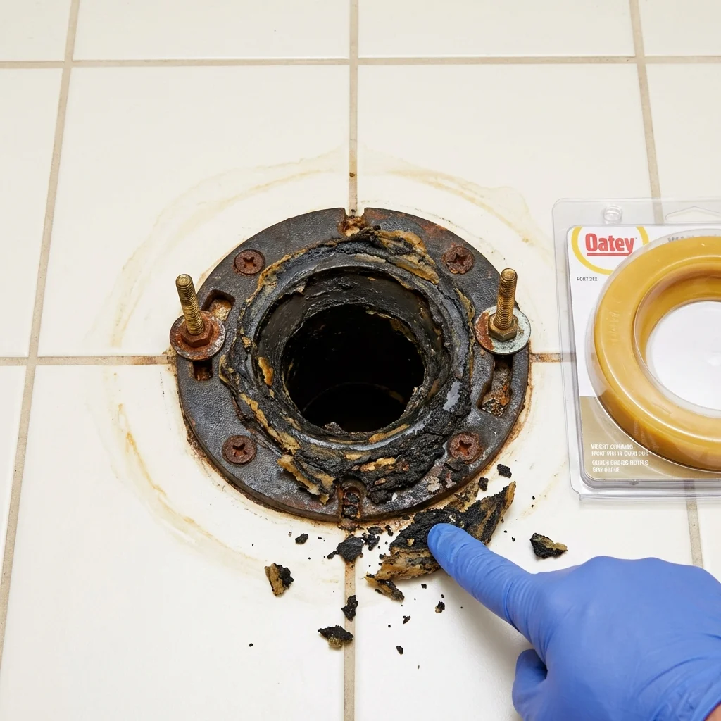 Failed wax ring showing water seepage at the base of a toilet in a Cascade, IA home